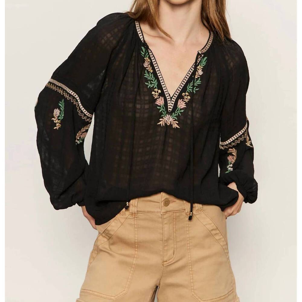 NEW SANCTUARY raye embroidered long sleeve blouse in black
